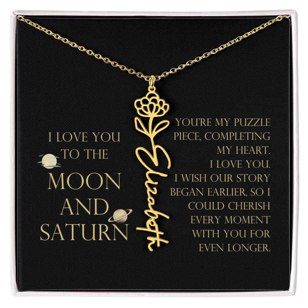 Love You To Moon and Saturn - My Puzzle Piece Flower Name Necklace