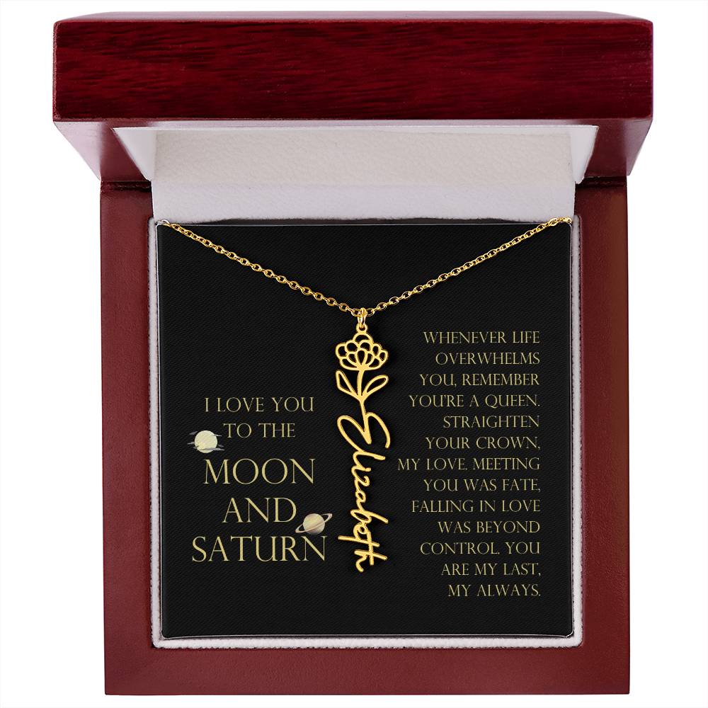 Love You To Moon and Saturn - Connection Remains Eternally Strong and True Flower Name Necklace