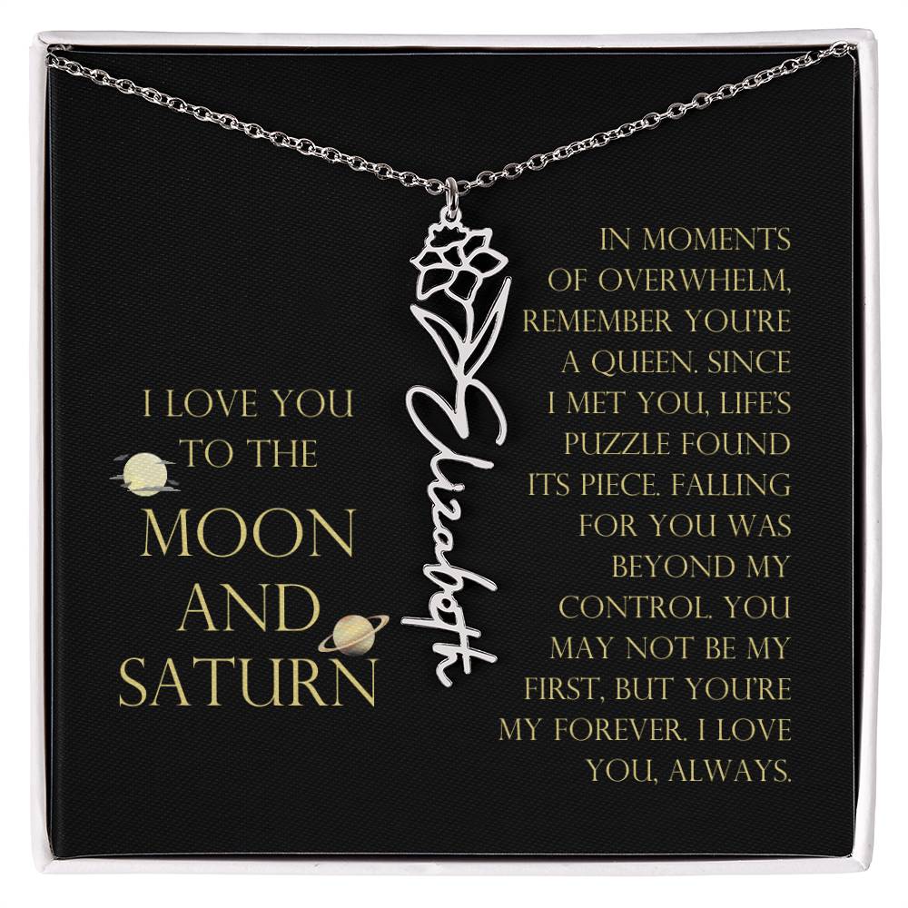 Love You To Moon and Saturn - Life's Puzzle Found It's Piece Flower Name Necklace