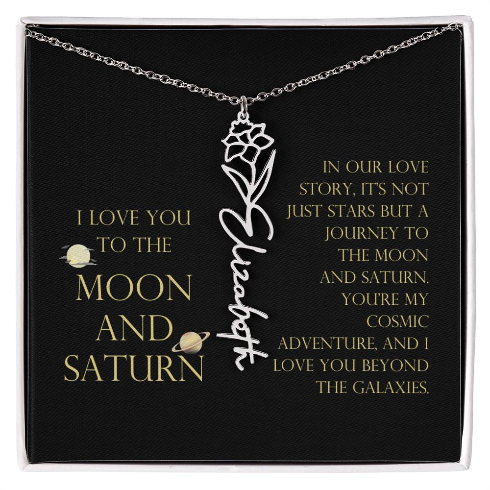 Love You To Moon and Saturn - Love Story Flower Name Necklace