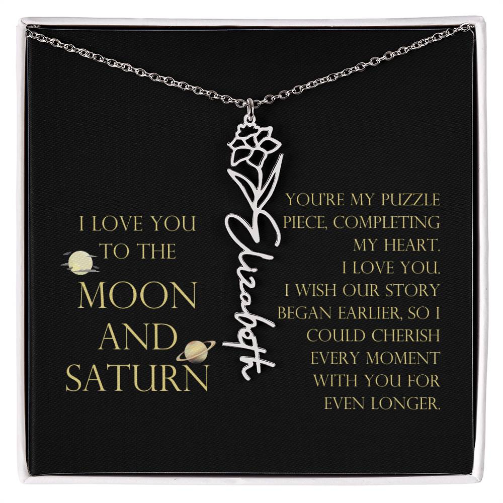Love You To Moon and Saturn - My Puzzle Piece Flower Name Necklace
