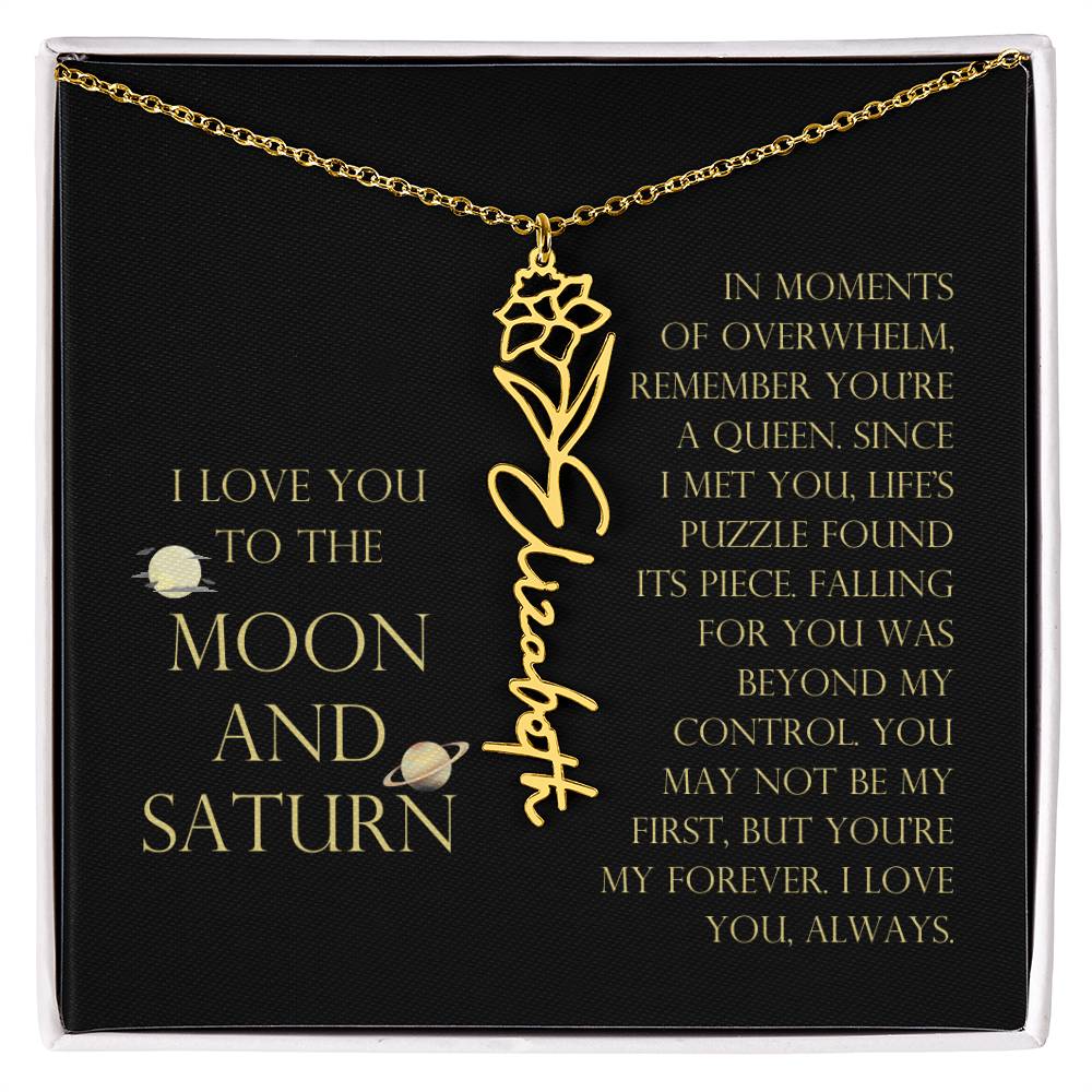 Love You To Moon and Saturn - Life's Puzzle Found It's Piece Flower Name Necklace