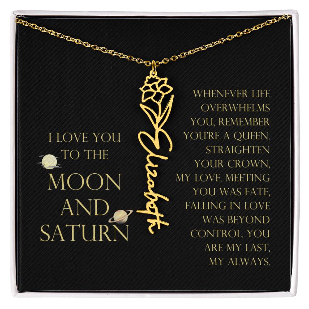 Love You To Moon and Saturn - Connection Remains Eternally Strong and True Flower Name Necklace