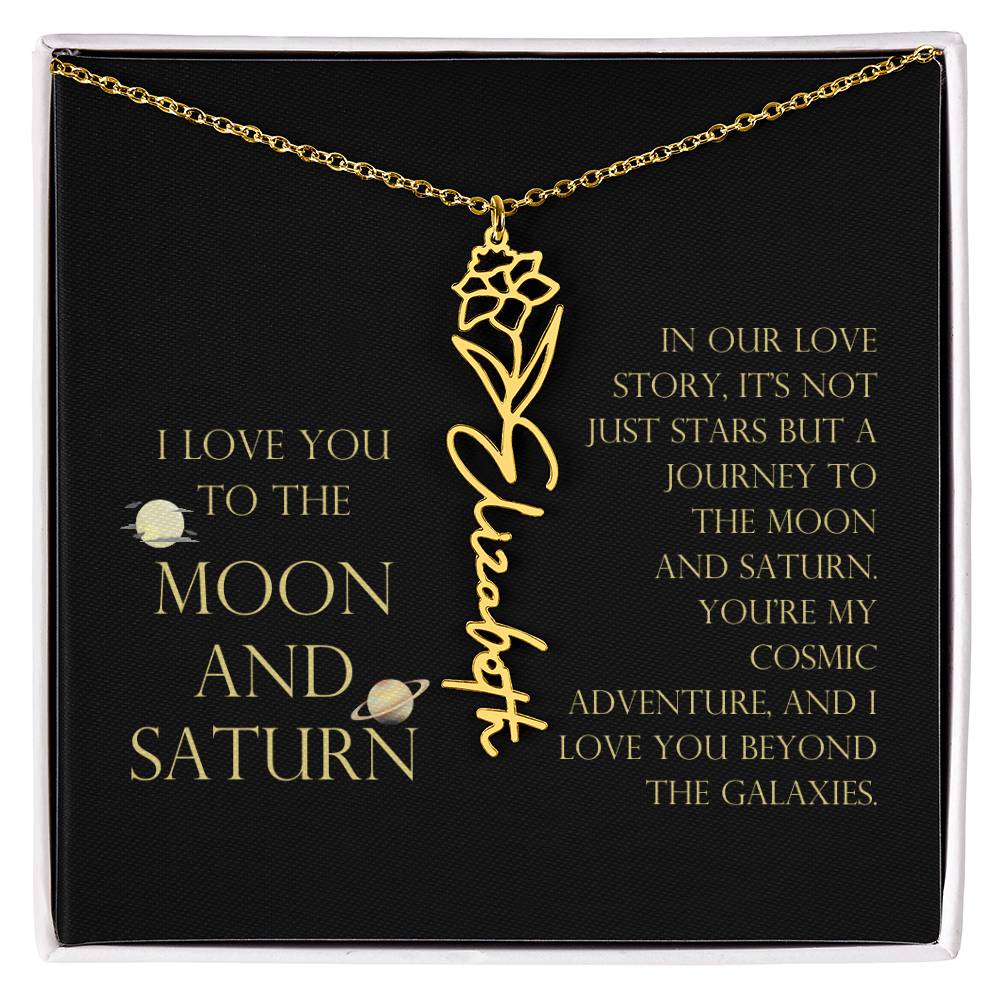 Love You To Moon and Saturn - Love Story Flower Name Necklace