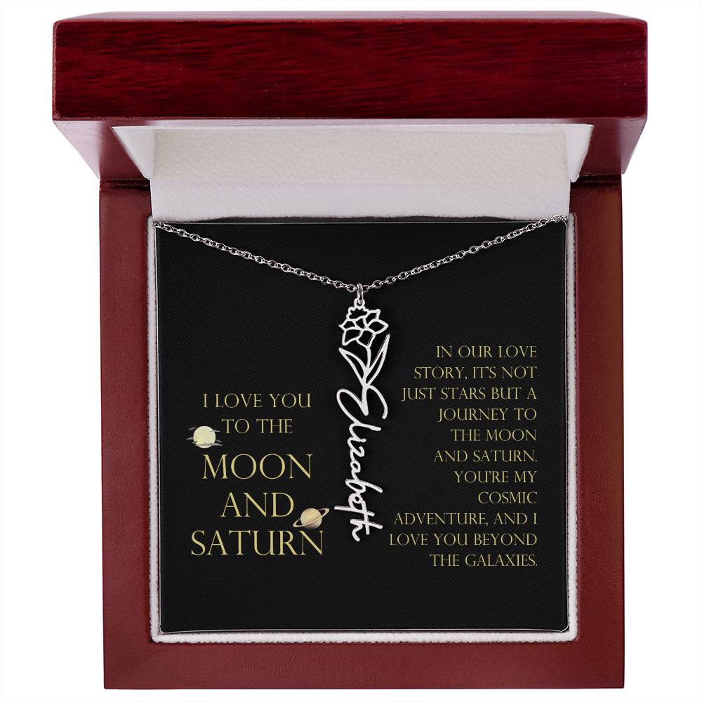 Love You To Moon and Saturn - Love Story Flower Name Necklace