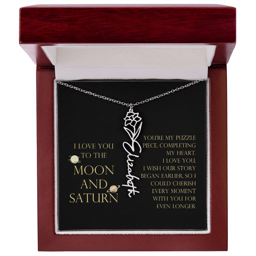 Love You To Moon and Saturn - My Puzzle Piece Flower Name Necklace