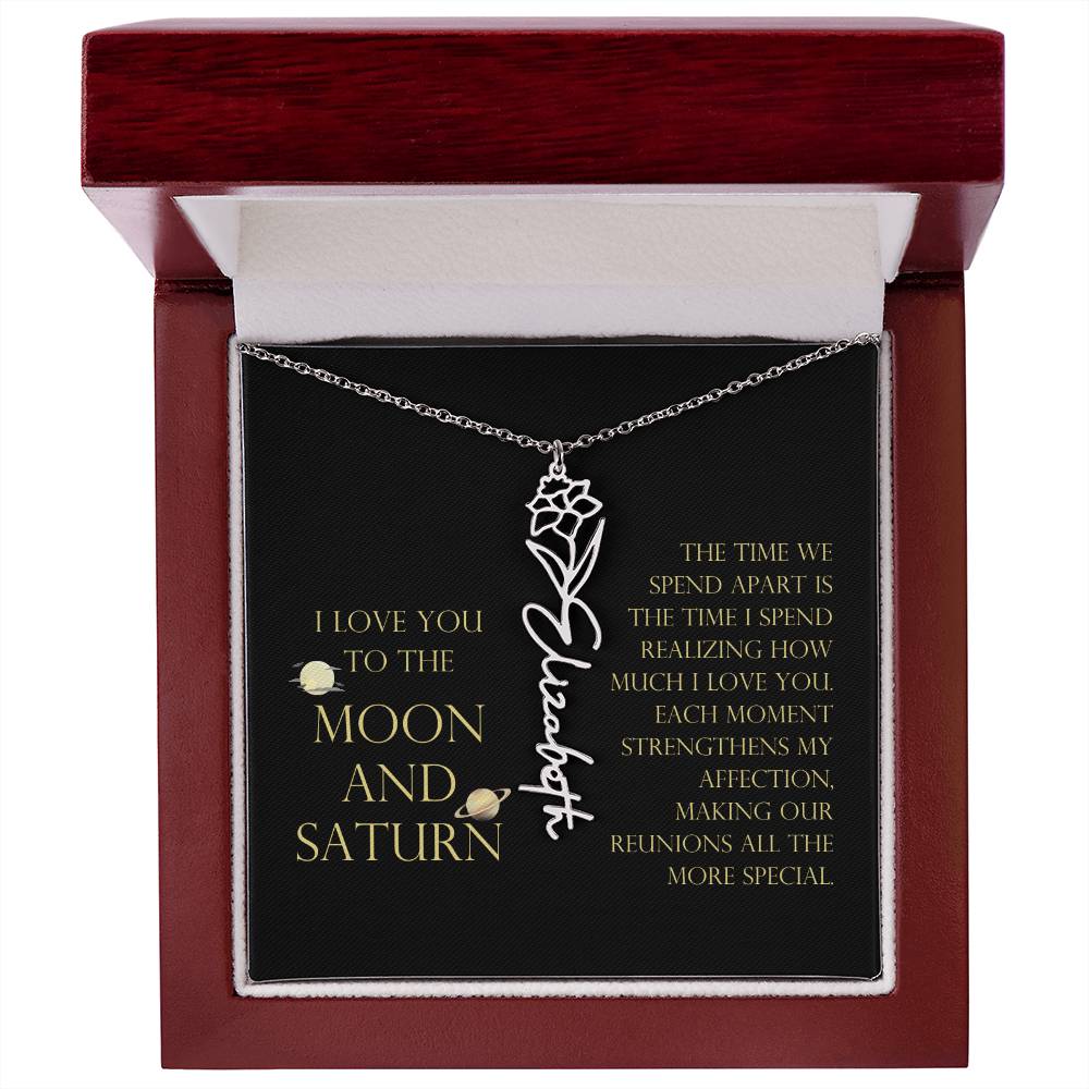 Love You To Moon and Saturn - Time Spend Apart, I Love You Flower Name Necklace