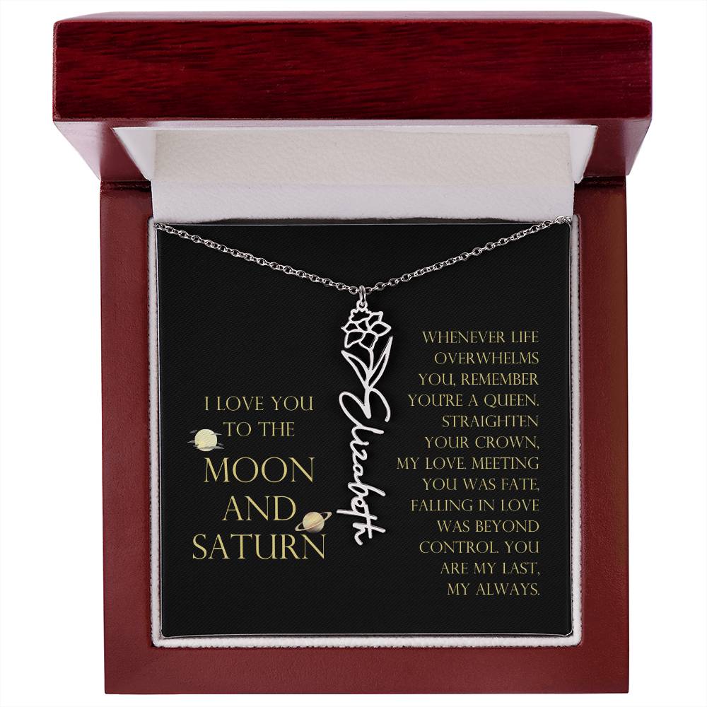 Love You To Moon and Saturn - Connection Remains Eternally Strong and True Flower Name Necklace