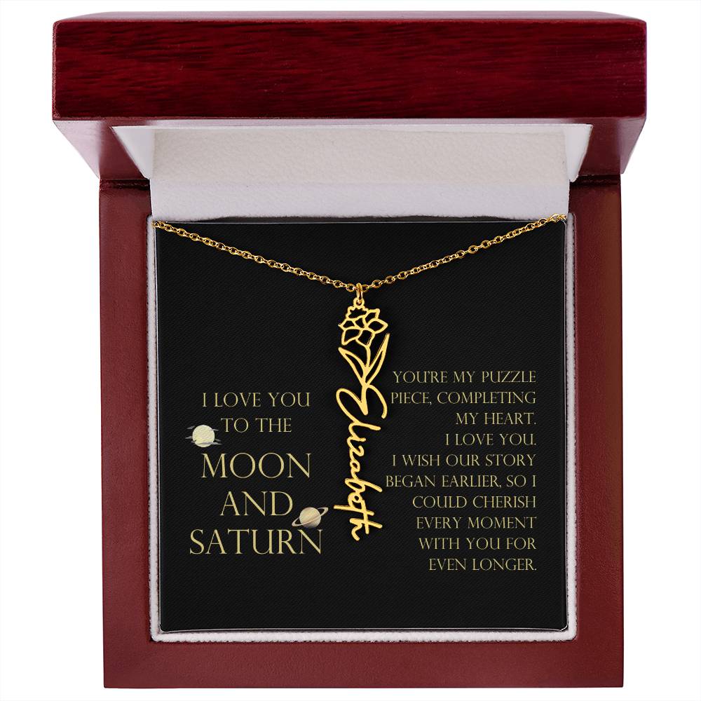 Love You To Moon and Saturn - My Puzzle Piece Flower Name Necklace