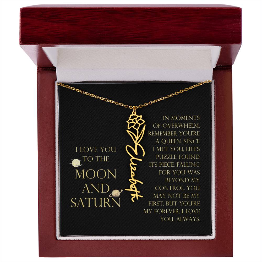 Love You To Moon and Saturn - Life's Puzzle Found It's Piece Flower Name Necklace