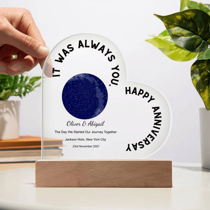 Always You, Happy Anniversary Star Map The Day We Started Our Journey Together, Midnight  Acrylic Heart