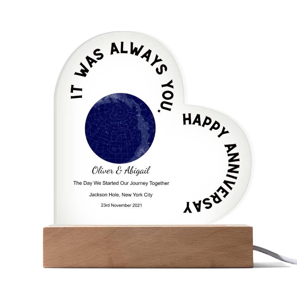 Always You, Happy Anniversary Star Map The Day We Started Our Journey Together, Midnight  Acrylic Heart