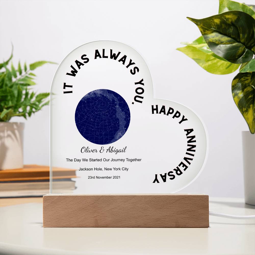 Always You, Happy Anniversary Star Map The Day We Started Our Journey Together, Midnight  Acrylic Heart