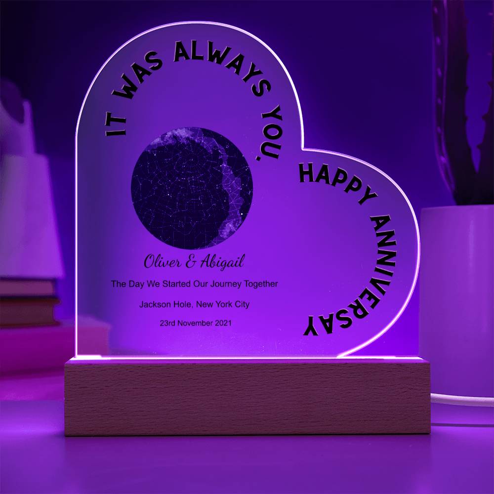 Always You, Happy Anniversary Star Map The Day We Started Our Journey Together, Midnight  Acrylic Heart